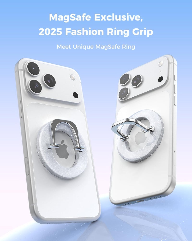 SUPERONE for Magsafe Ring Holder, Magnetic Phone Grip with Adjustable Stand, Removable Magnetic Accessories, iPhone 12/13/14/15/16/17 Series & Magsafe Case - Glitter Silver - Image 2